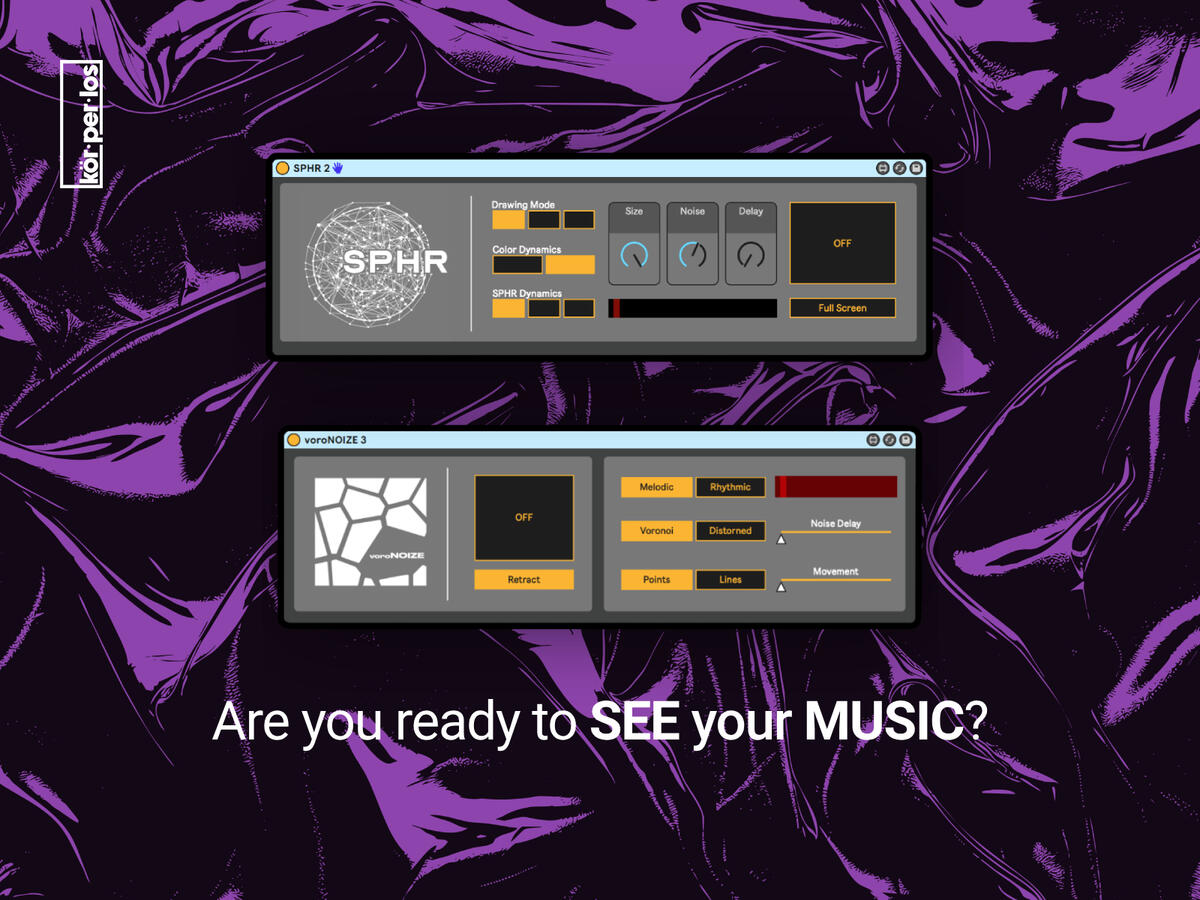 Promo image for voroNOIZE 3 and SPHR Max for Live audio-reactive and MIDI-reactive visual plugins for Ableton Live